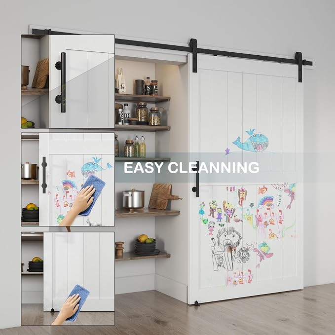 50''x84'' Sliding Barn Door with 8 Ft Barn Door Hardware Kit& Handle& Floor Guides,Pre-Drilled Holes Easy Assembly - Include Installation Manual, Water-Proof PVC Surface, H-Frame, White