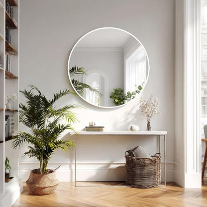 White Circle Mirror 34 inch, Round Wall Mirror, Matte Metal Frame | Matte White Metal Frame, High Definition Mirror, Rust-resistant, Suitable for Bedroom, Hallway, Entryway, Living Room