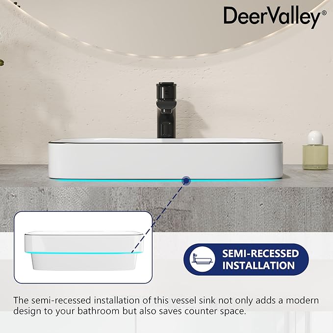 DeerValley Vessel Sink Rectangular, Liberty 15.94"x12.01" White Semi Recessed Bathroom Sink with Black Rim Ceramic Porcelain Rectangle Bathroom Vessel Sink Above Counter Vanity Sink Basin DV-1V0347