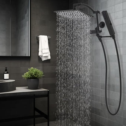 Hibbent All Metal CUPC Certified 10'' Rainfall Shower Head, Dual Shower Head Combo, High Pressure Handheld 4 Sprays Shower Wand, 16'' Adjustable Extension Arm, 71'' Hose, Shower Holder, Matte Black
