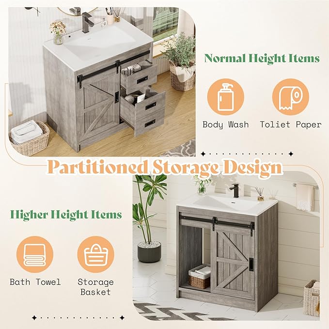 AMERLIFE Farmhouse Bathroom Vanity with Sink Combo, 31in Sliding Barn Door Bathroom Vanity Cabinet Set with Storage Drawers, Metal Handles, Small Single Bath Storage Vanity Sink, Light Grey