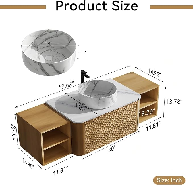 54 Inch Modern Bathroom Vanity with Ceramic Sink, Floating Bathroom Sink Cabinet with Sintered Stone Top&Solid Wood Hammered Frame, Single Bathroom Vanities w/Soft-Close Drawer&2 Side Open Cube