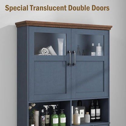 Vabches Over The Toilet Storage Cabinet with Doors & Paper Holder, Blue | Vabches Freestanding Toilet Shelf Space Saver with Anti-Tip Design & Adjustable Shelf or Restroom, Bathroom, Laundry