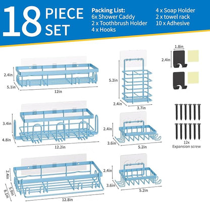 DTUQYX Shower Caddy 18 Pack,Adhesive Organizer for Bathroom Decor Accessories & Kitchen Storage,No Drilling,Large Capacity,Rustproof Stainless Steel Organizer,Home Decor Shelves (Blue 18 Pack)