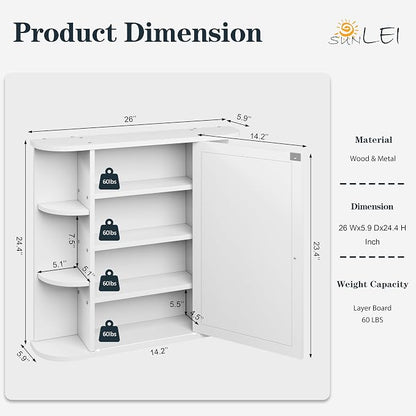 DL-win Bathroom Medicine Cabinet with Mirror, Wall Mounted Home Storage with Door, Over The Toilet Space Saver Storage Cabinet, Bathroom Cabinet Wall Mounted, White