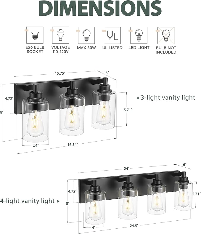 3-Light Bathroom Light Fixtures, Black Vanity Light with Cylinder Clear Glass Shade, Modern Vanity Lighting Fixtures Over Mirror, VL143-MB-3 | 16.5" modern bathroom light fixtures over mirror, E26 base, bulbs not included, VL143-MB-3