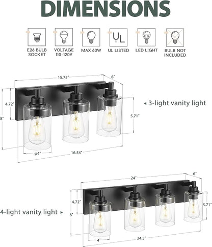3-Light Bathroom Light Fixtures, Black Vanity Light with Cylinder Clear Glass Shade, Modern Vanity Lighting Fixtures Over Mirror, VL143-MB-3 | 16.5" modern bathroom light fixtures over mirror, E26 base, bulbs not included, VL143-MB-3
