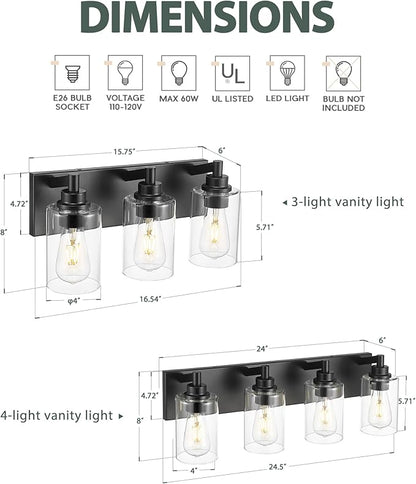 3-Light Bathroom Light Fixtures, Black Vanity Light with Cylinder Clear Glass Shade, Modern Vanity Lighting Fixtures Over Mirror, VL143-MB-3