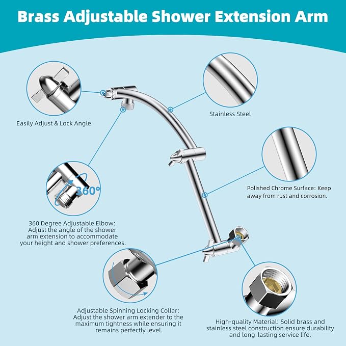 Hibbent Rain Filtered Shower Head, 13'' High Pressure Rainfall 5 Modes Showerhead with 16" Shower Head Extension Arm, Solid Brass Adjustable Shower Arm Extender, 20 Stage Shower Filter, Chrome