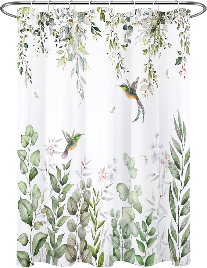 HVEST Sage Green Eucalyptus Shower Curtain for Bathroom, Spring Green Leaf and Pink Floral with Hummingbird on White Shower Curtain with Hooks Botanical Bathroom Curtains Shower Set, 48W X 72L inches