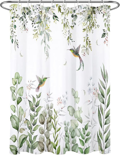 HVEST Sage Green Eucalyptus Shower Curtain for Bathroom, Spring Green Leaf and Pink Floral with Hummingbird on White Shower Curtain with Hooks Botanical Bathroom Curtains Shower Set, 48W X 72L inches