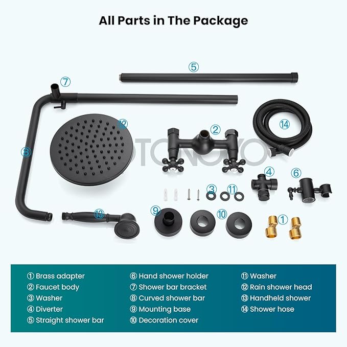 gotonovo Exposed Bathroom Shower Faucet Set Shower Fixture 8 Inch Rainfall Shower Head Handheld Shower Cross Handle Wall Mount 2 Functions Matte Black