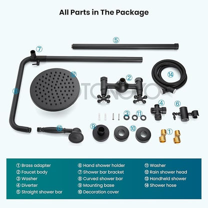 gotonovo Exposed Bathroom Shower Faucet Set Shower Fixture 8 Inch Rainfall Shower Head Handheld Shower Cross Handle Wall Mount 2 Functions Matte Black