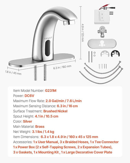 VEVOR Touchless Bathroom Sink Faucet, Automatic Motion Sensor Restroom Toilet Faucet with Hole Cover Plate, Battery Operated,Adjustable Temp for 9/16 in Pipe Commercial Lavatory,Brushed Nickel Silver