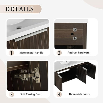 SSLine Wall Mounted Bathroom Vanity with Sink Combo Modern 48-Inch Single Bathroom Vanity Set with Top Basin &Storage Cabinet Wood Hanging Bath Cabinet w/Resin Sink(Dark Brown Stripe)