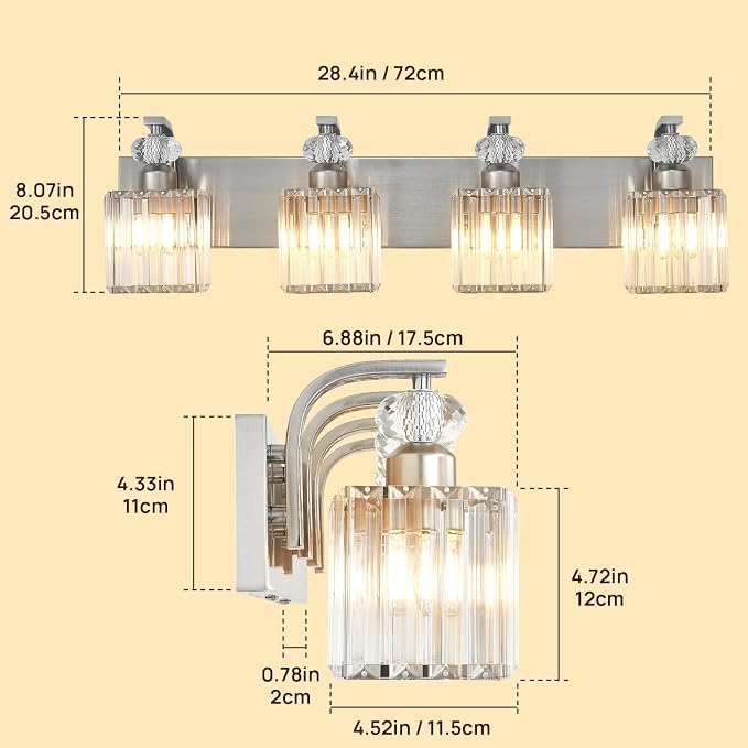 Modern Bathroom Vanity Light, 4-Light Nickel Bathroom Lighting Fixtures Over Mirror, 28.4" Crystal Wall Light Sconce for Bathroom/Bedroom/Vanity, Includes LED Bulbs, Easy Installation