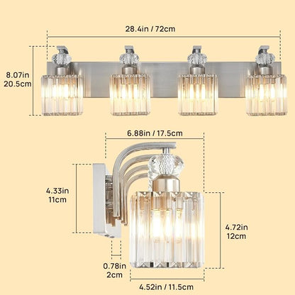 Modern Bathroom Vanity Light, 4-Light Nickel Bathroom Lighting Fixtures Over Mirror, 28.4" Crystal Wall Light Sconce for Bathroom/Bedroom/Vanity, Includes LED Bulbs, Easy Installation