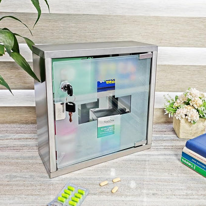 Locking Stainless Steel Medicine Cabinet, 2 Tier Wall Mounted Storage Cabinet, Durable Stainless Steel, Surface or Flush Mount, Ideal for Home, Office or First Aid, 11.8 in. x 4.7 in. x 11.8 in