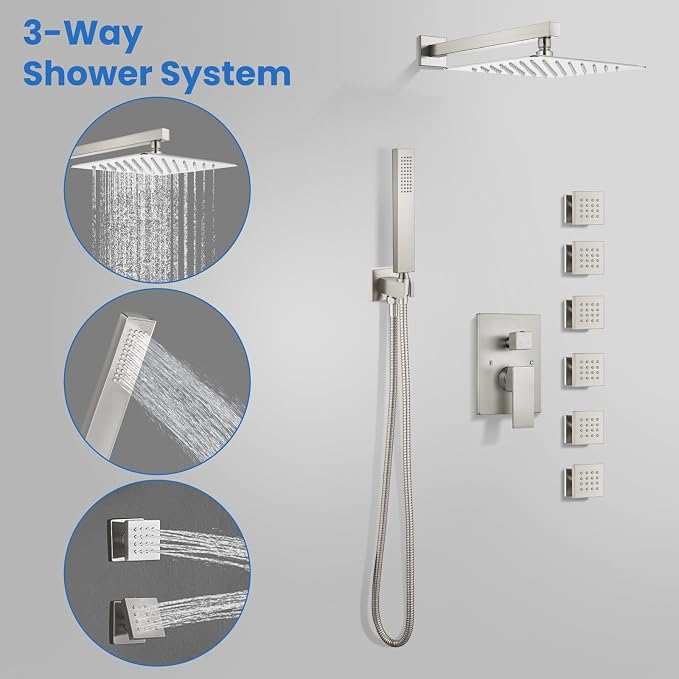 gotonovo Rainfall Shower System with Full Body Jets 6pcs Brushed Nickel | 12’’ Rainfall Shower Head with Handheld Spray Combo,Wall Mount,Rough-in Valve and Trim Kit,Brass Body Message Jets,All Metal