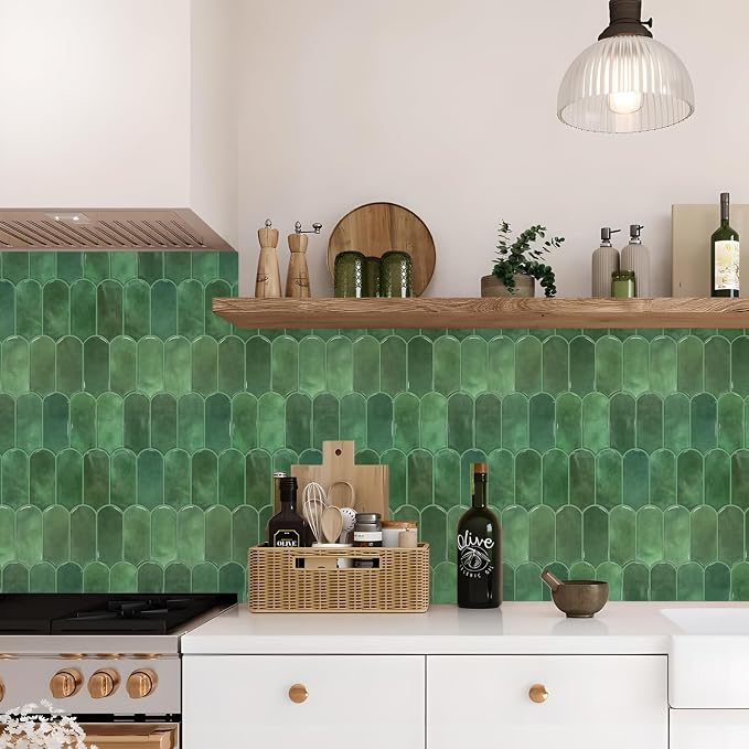Vamos Tile Thicker Peel and Stick Backsplash Tile,Green,10-Sheet | Self Adhesive Vinyl Wall Tiles with Green Grout, Stick on Backsplash for Kitchen, Bathroom,RV,Laundry,11.1''x12''