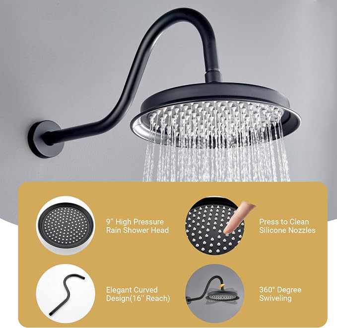 DASAN Rain Shower System Antique Shower Faucet Complete Sets, Shower Fixtures Combo with Pressure Balance Valve, Trim Kit, 9’’ Rainfall Overhead Shower & Handheld, Color Matte Black AT209W-MB