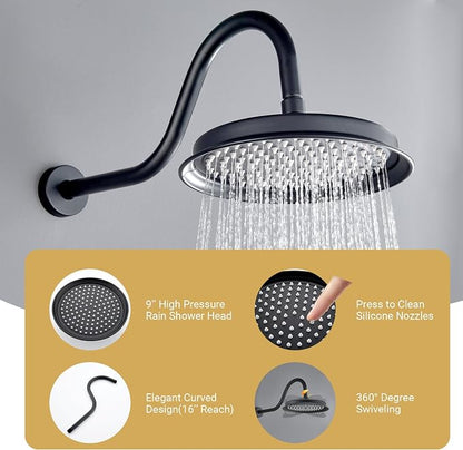 DASAN Rain Shower System Antique Shower Faucet Complete Sets, Shower Fixtures Combo with Pressure Balance Valve, Trim Kit, 9’’ Rainfall Overhead Shower & Handheld, Color Matte Black AT209W-MB