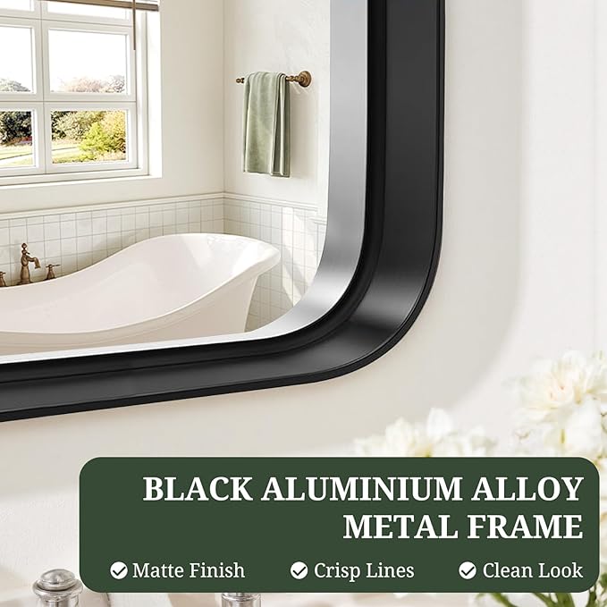 Bathroom Mirror 40x30 Inch Black Metal Frame Rectangle Vanity Mirror | Modern Wall Mounted Anti-Rust Mirror with Rounded Corners for Farmhouse, Restroom, Entryway, Horizontal or Vertical Hanging