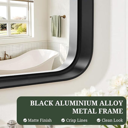 Bathroom Mirror 40x30 Inch Black Metal Frame Rectangle Vanity Mirror | Modern Wall Mounted Anti-Rust Mirror with Rounded Corners for Farmhouse, Restroom, Entryway, Horizontal or Vertical Hanging