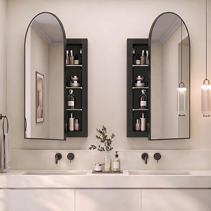 Recessed Medicine Cabinet with Mirror,Black Arched Medicine Cabinet,Arch Bathromm Medicine Cabinet Recessed,Metal Edge Bathroom Mirror with Storage,Surface Mount Mirrored Cabinets 16x31