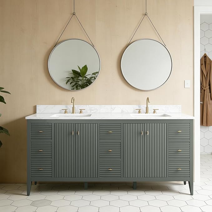 HOMEBEYOND 84" Bathroom Vanity with Double Sink & Engineered Marble Top, Solid Wood Frame, Linear Pattern & Soft Close Door | Golden Brushed Handware,Vintage Green