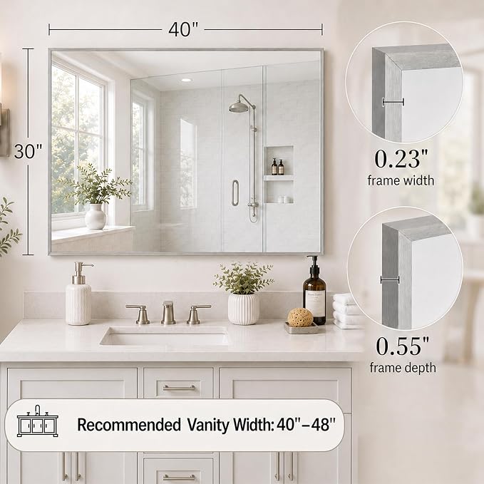 40"x30" Brushed Nickel Framed Rectangle Bathroom Vanity Wall Mirror | Over-Sink Vanity Mirror, Slim Metal Frame, Entryway or Dresser Use, Vertical/Horizontal Mount, Tempered Glass