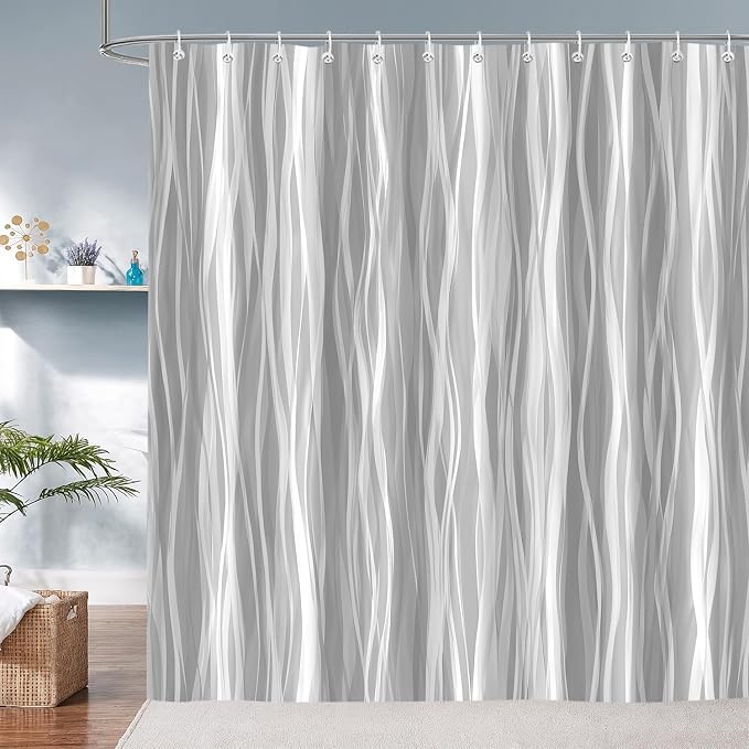 Moonslim Grey Ombre Shower Curtain, Modern Wavy Abstract Gray Striped Line Bathroom Curtain, Waterproof Fabric Bath Decor, 72 x 72 Inch