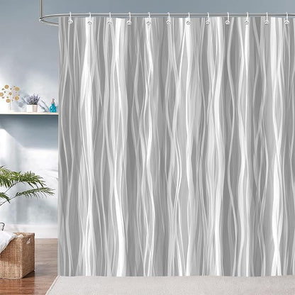 Moonslim Grey Ombre Shower Curtain, Modern Wavy Abstract Gray Striped Line Bathroom Curtain, Waterproof Fabric Bath Decor, 72 x 72 Inch