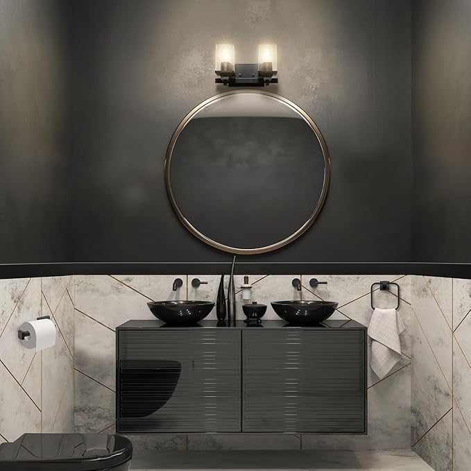 Globe Electric 63000101 3-Piece Powder Room Set, Matte Black, 13" 2-Light Vanity Fixture, Seeded Glass Shades, Towel Ring, Toilet Paper Holder, Bathroom Decor, Lighting Over Mirror, Home Essentials