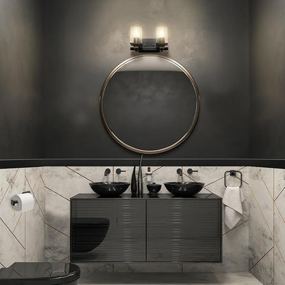 Globe Electric 63000101 3-Piece Powder Room Set, Matte Black, 13" 2-Light Vanity Fixture, Seeded Glass Shades, Towel Ring, Toilet Paper Holder, Bathroom Decor, Lighting Over Mirror, Home Essentials
