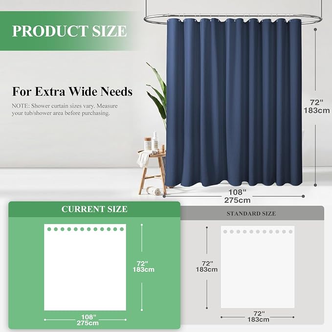 Extra Wide Waffle Shower Curtain 256 GSM Fabric 108x72 Navy Blue | 108 Inch Wide, Thick Cloth, Weighted Hem, Water Repellent, Hotel Luxury Polyester Shower Curtain Set for Bathroom 18 Hooks