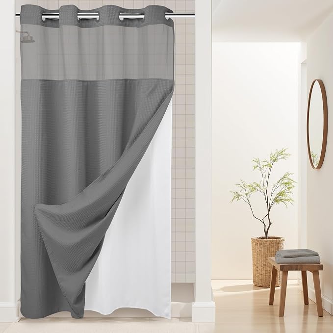 River Dream Heavyweight Waffle No Hook Shower Curtain with Liner,Gray,54x80 | Dotted Waffle,Snap-in Liner,Heavy Duty,Quick Dry,Mesh Top Window,With Bottom Magnets,Hotel-Grade,Washable,Stall Long Size
