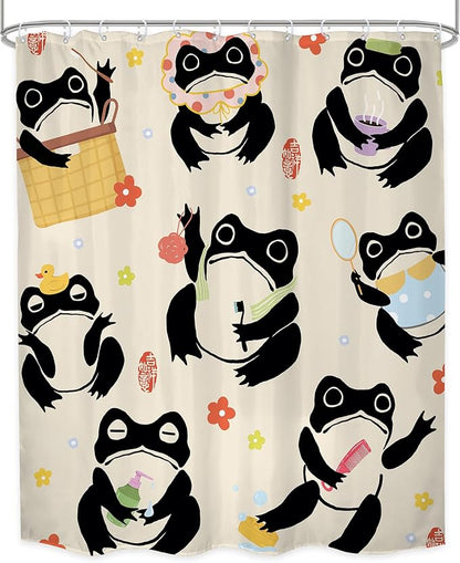 LGhtyro Japanese Funny Frog Shower Curtain Bathroom Set 71Wx78H Inches Fun Kids Washing Animal Asian Lovely Style Traditional Flower Bath Accessories Anime Cartoon Art Home Decor Fabric 12 Pack Hooks