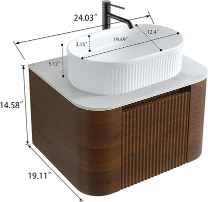 24" Preassembled Floating Bathroom Vanity with White Sink, Walnut | Mid-Century Modern Style, Fluted & Soft-Close Drawer with U-shaped Wall, Sinterted Stone Countertop, Towel Rack Included