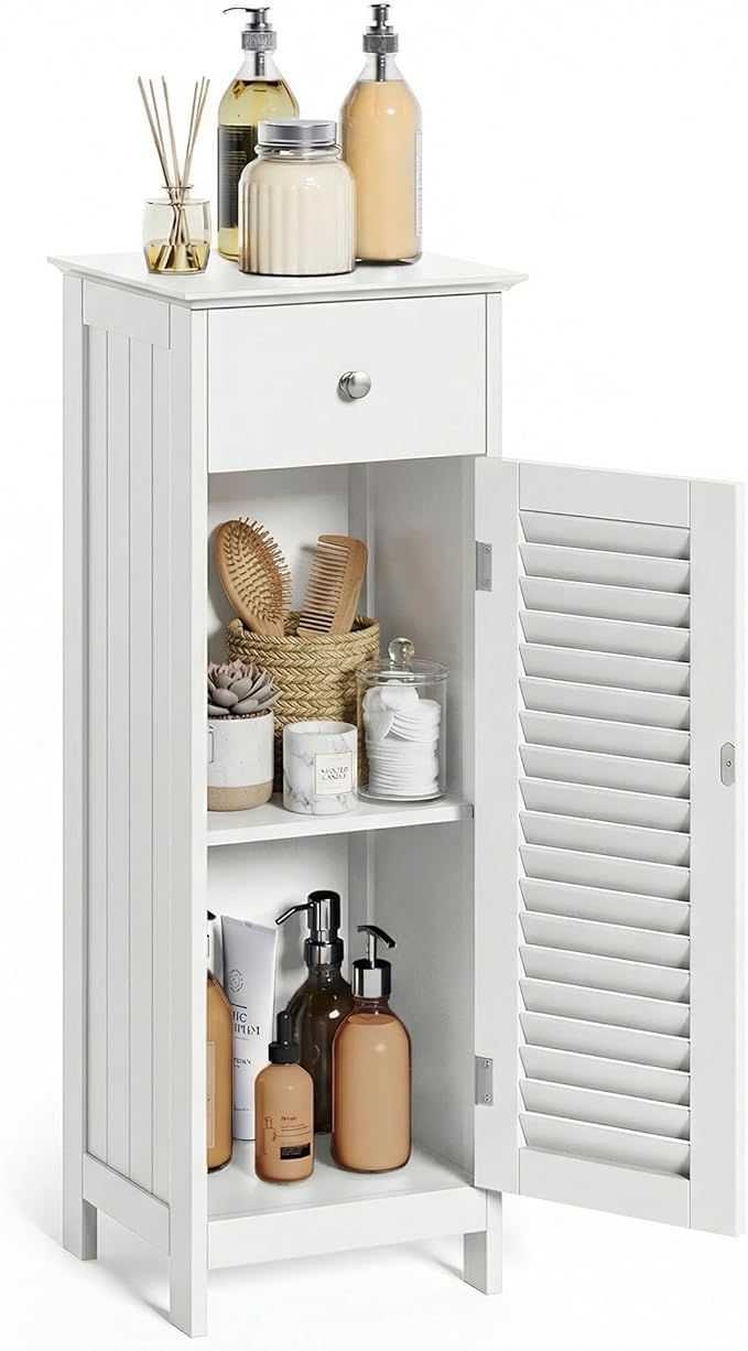 VASAGLE Bathroom Floor Cabinet Storage Organizer Set with Drawer and Single Shutter Door Wooden White UBBC43WT