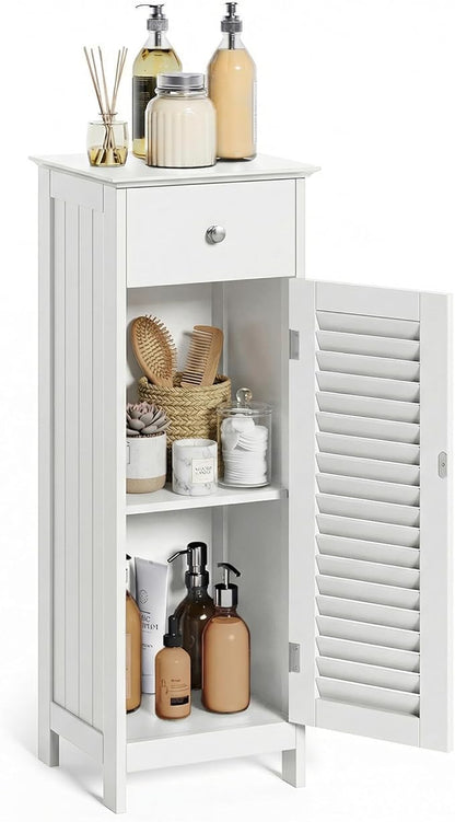 VASAGLE Bathroom Floor Cabinet Storage Organizer Set with Drawer and Single Shutter Door Wooden White UBBC43WT