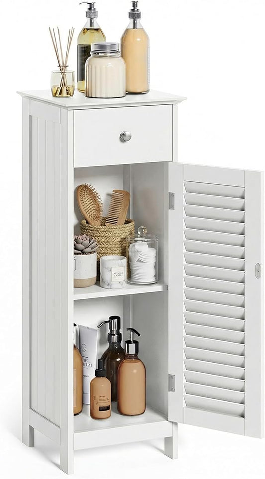 VASAGLE Bathroom Floor Cabinet Storage Organizer Set with Drawer and Single Shutter Door Wooden White UBBC43WT