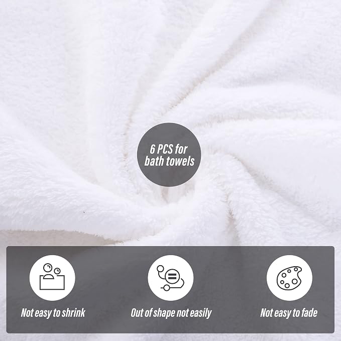 MOONQUEEN 6 Pack Premium Bath Towel Set - Quick Drying - Microfiber Coral Velvet Highly Absorbent Towels - Multipurpose Use as Bath Fitness, Bathroom, Shower, Sports, Yoga Towel (White)