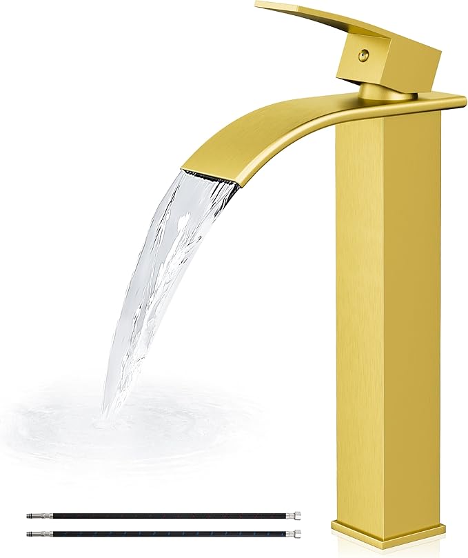 Airuida Vessel Sink Faucet, Brushed Gold Tall Waterfall Bathroom Faucet | Single Handle,Tall Bathroom Faucet 1 Hole,Vanity Faucet,without Drain,Bowl Bathroom Faucet