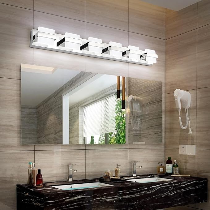 SOLFART 6 Lights Vanity Light Over Mirror,Chrome Bathroom Light Feature Modern LED Dimmable Gloss Chrome Modern Lighting