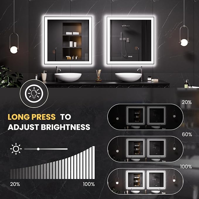 LOAAO 38"X38" LED Bathroom Mirror Black Framed | Anti-Fog, Dimmable, Memory Function, Tempered Glass, Lighted Vanity Mirror for Wall