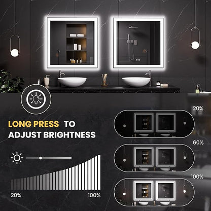 LOAAO 38"X38" LED Bathroom Mirror Black Framed | Anti-Fog, Dimmable, Memory Function, Tempered Glass, Lighted Vanity Mirror for Wall