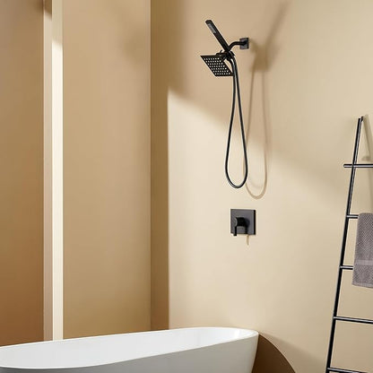 Black Shower Head and Handle Set, Shower Faucet Set Dual Shower Heads with Handheld Spray Combo, All Metal 6" Dual Shower Head Combo and 3-Way Diverter, Black Shower Faucet Set with Valve