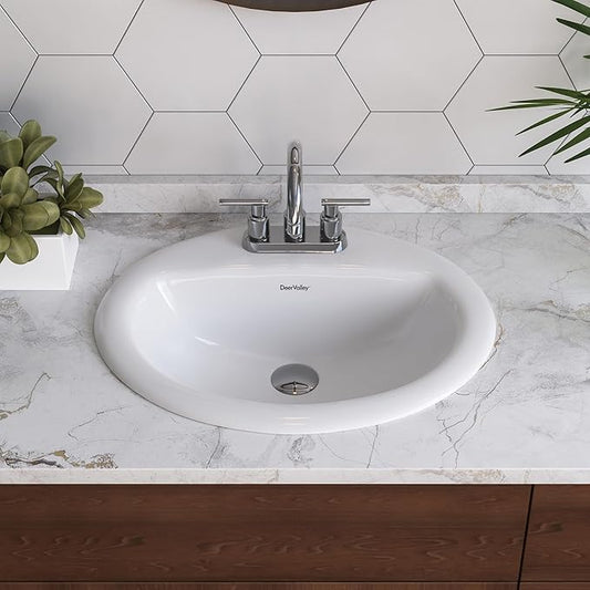 DeerValley 20x17 Inch Oval Ceramic Drop-in Bathroom Sink, White Vessel Sink with Overflow and Three Faucet Holes at 1.25-inch Centers, Modern Art Basin, DV-1DS0120