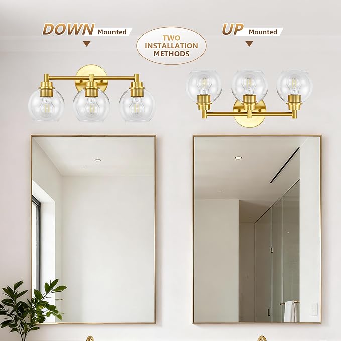 Bathroom Light Fixtures, Vanity Lights for Bathroom 3-Light Gold, Bathroom Lighting Fixtures Over Mirror with Clear Glass Globe Shade, Bathroom Vanity Light for Living Room Kitchen Bedroom Hallway